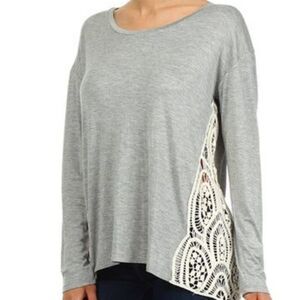 Hem & Thread long sleeve top grey ivory crochet lace accents boho